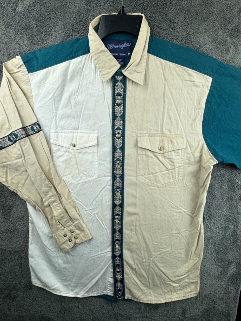 Wrangler Western Southwest Shirt Green Beige Medium Cotton Short Pearl Snap ****
